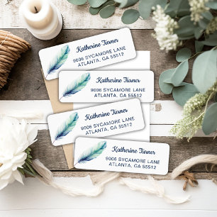 Modern Blue Feather Wedding Return Address Label