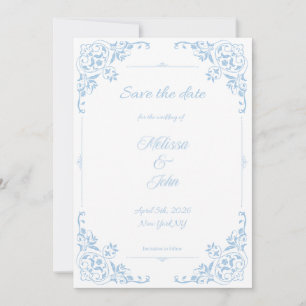 Modern Blue Filigree French Country Save the Date Invitation