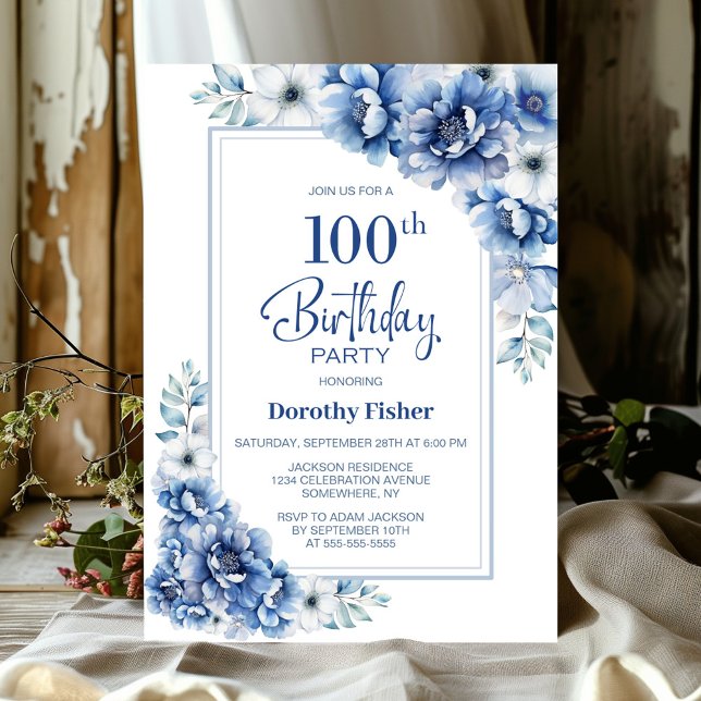 Modern Blue Floral 100th Birthday Party Invitation (Creator Uploaded)