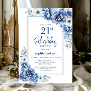 Modern Blue Floral 21st Birthday Party Invitation