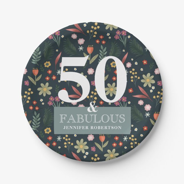 Modern Blue Floral 50 and Fabulous Birthday Paper  Paper Plate (Front)