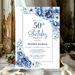 Modern Blue Floral 50th Birthday Party Invitation