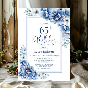Modern Blue Floral 65th Birthday Party Invitation