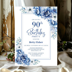 Modern Blue Floral 90th Birthday Party Invitation