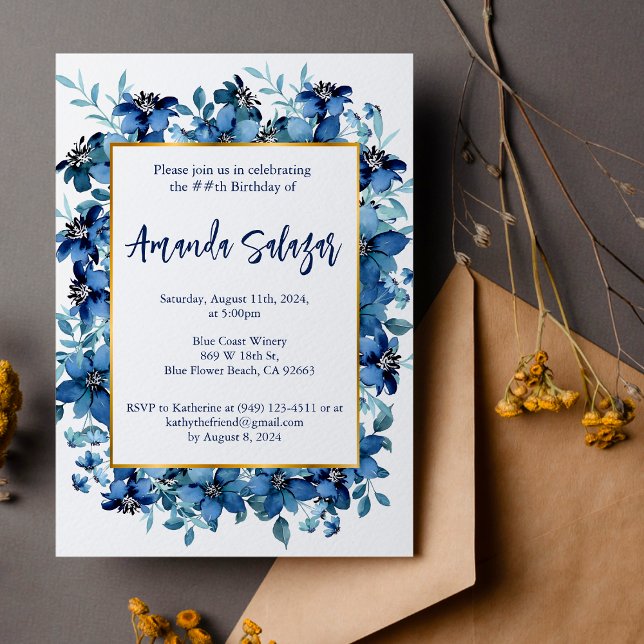 Modern Blue Floral Birthday Party  Invitation (Creator Uploaded)