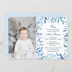 Modern Blue Floral Boy 1st Birthday Photo Invitation