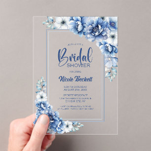 Modern Blue Floral Bridal Shower Acrylic Invitations