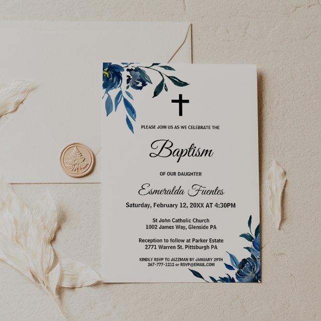 Modern Blue Floral Cross Baptism Invitation (Creator Uploaded)