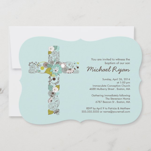 Modern Blue Floral Cross Boys Baptism Invitation (Front)
