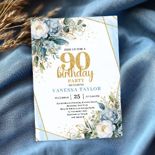 Modern Blue Floral Gold Frame 90th Birthday Invite