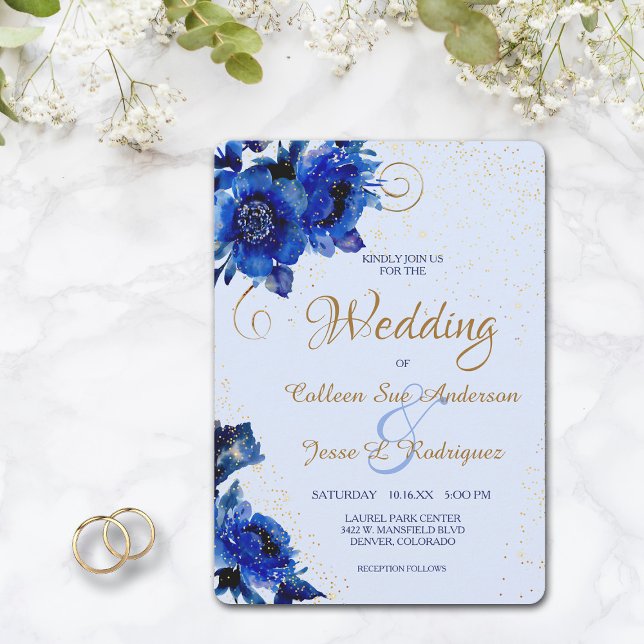 Modern Blue Floral Gold Swirl Wedding Invitation (Creator Uploaded)