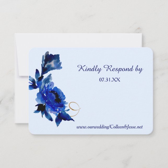 Modern Blue Floral Gold Swirl Wedding RSVP (Front)