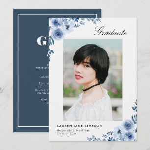 Modern blue floral graduation announcement