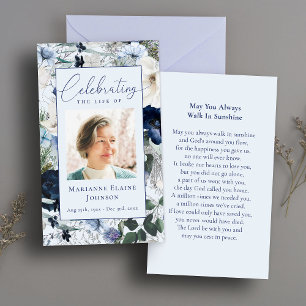 Modern Blue Floral Memorial Funeral Prayer Card