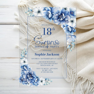 Modern Blue Floral Surprise 18th Birthday Party Acrylic Invitations