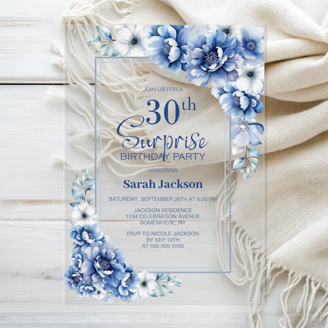 Modern Blue Floral Surprise 30th Birthday Party Acrylic Invitations (Creator Uploaded)