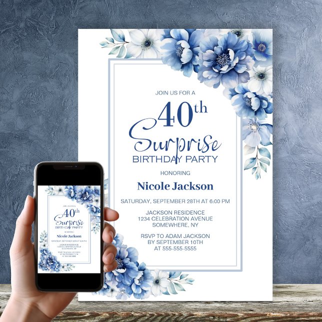 Modern Blue Floral Surprise 40th Birthday Party Invitation (Creator Uploaded)
