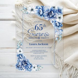 Modern Blue Floral Surprise 65th Birthday Party Acrylic Invitations