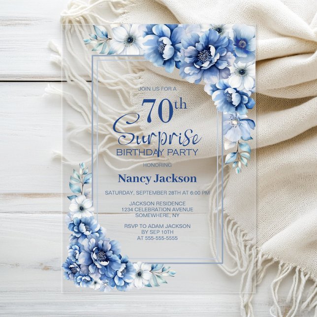Modern Blue Floral Surprise 70th Birthday Party Acrylic Invitations (Creator Uploaded)
