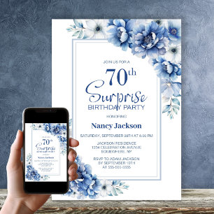 Modern Blue Floral Surprise 70th Birthday Party Invitation