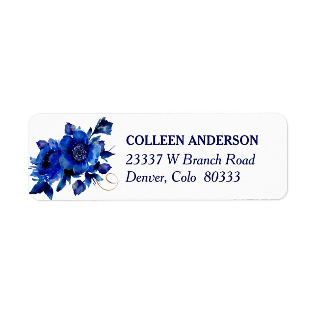 Modern Blue Floral Swirl Return Address Label (Front)