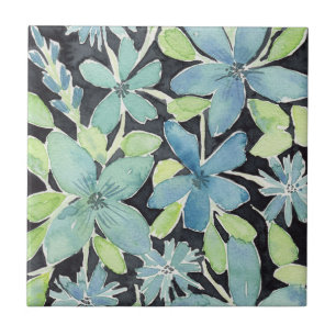 Modern Blue Floral Watercolor Ceramic Tile