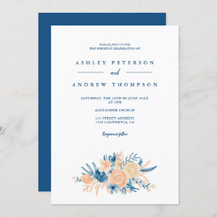 Modern blue floral watercolor chic wedding invitation