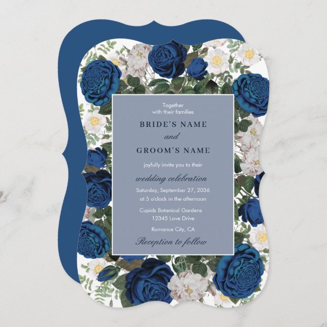 Modern Blue Floral Watercolor Elegant Wedding  Invitation (Front/Back)