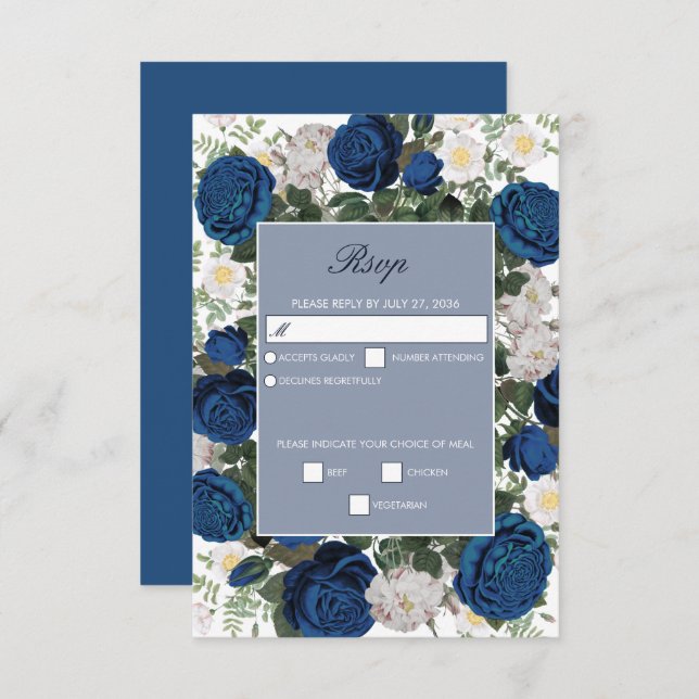 Modern Blue Floral Watercolor Elegant Wedding  RSVP Card (Front/Back)