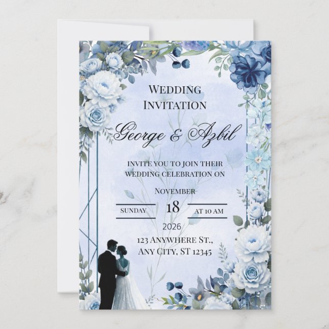 Modern Blue Floral Wedding Invitation (Front)