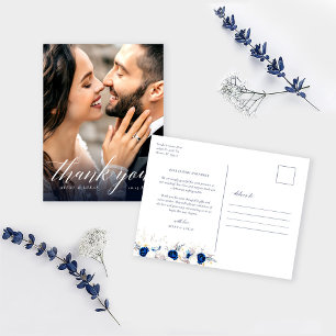Modern Blue Floral Wedding Thank You Postcard