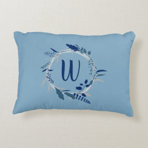 Modern Blue Floral Wreath Custom Monogram Decorative Cushion