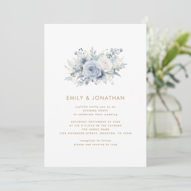 Modern Blue Florals Gold QR Wedding Evening Party Invitation (Standing Front)