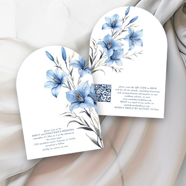 Modern Blue Florals QR Code Wedding Arch Invitation (Front and back view)