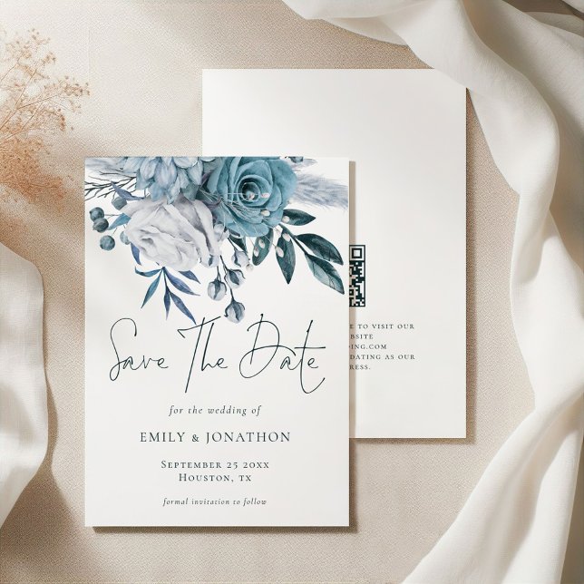 Modern Blue Florals QR Code Wedding Save The Date (Front and back view)