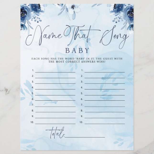 Modern Blue Flower Name That Song Baby Shower Game (Front)
