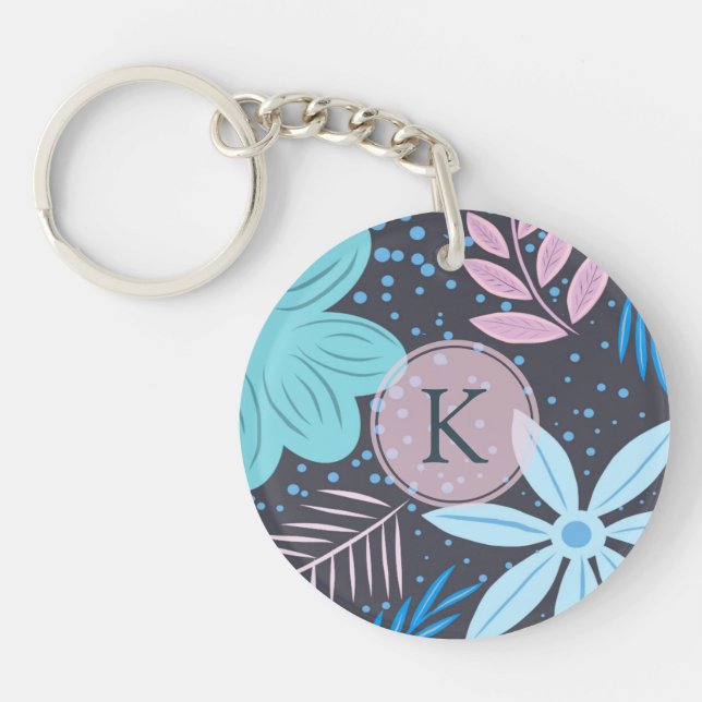 Modern Blue Flower Pattern Pink Monogram Key Ring (Front)
