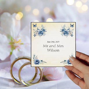 Modern Blue Flowers and Butterflies Wedding Dinner Napkin