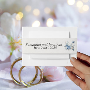 Modern Blue Flowers and Butterflies Wedding Invitation Belly Band