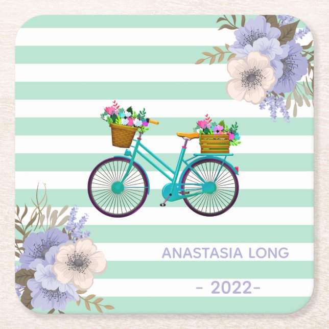 Modern Blue Flowers Bicycles Square Paper Coaster (Front)