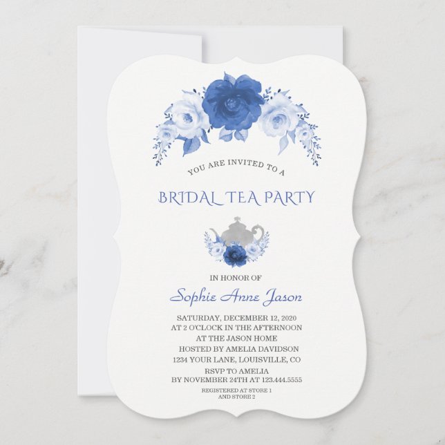 Modern Blue Flowers Bridal Tea Party Invitation (Front)