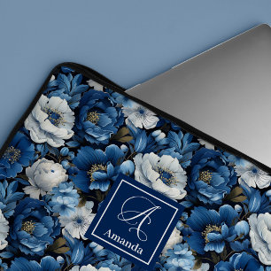 Modern Blue Flowers Elegant Floral Laptop Sleeve 