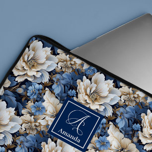 Modern Blue Flowers Elegant Floral Laptop Sleeve 