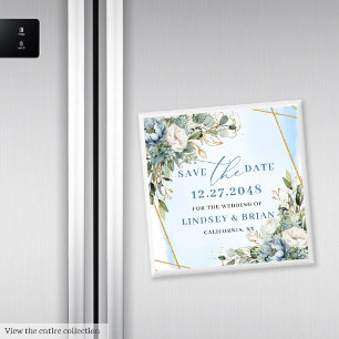 Modern Blue Flowers Gold Glitter Save The Date Magnet