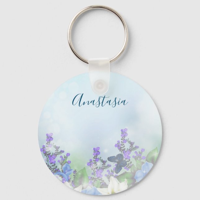 Modern Blue Flowers Key Ring (Front)
