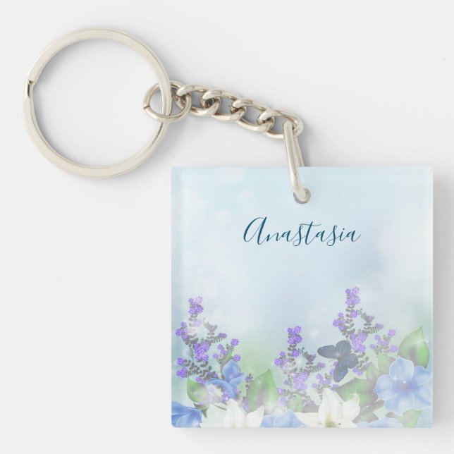 Modern Blue Flowers Key Ring (Front)