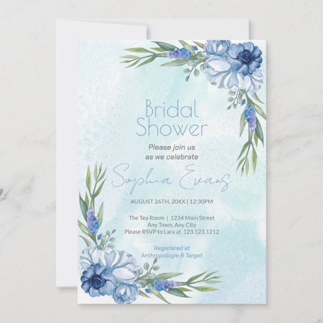 Modern Blue Flowers Light Blue Bridal Shower Invitation (Front)
