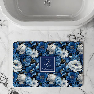 Modern Blue Flowers Personalised Floral Bath Mat