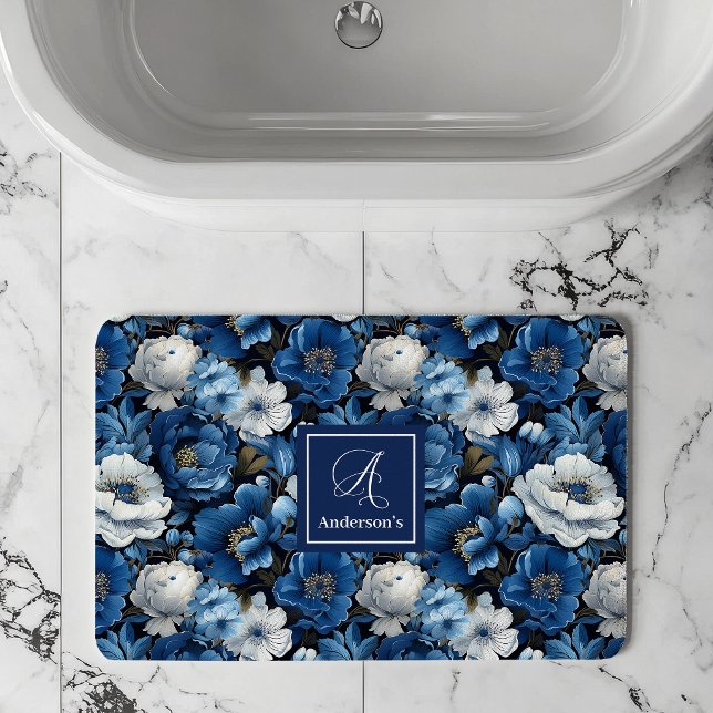 Modern Blue Flowers Personalised Floral Bath Mat (Modern Blue Flowers Personalized Floral Bath Mat)