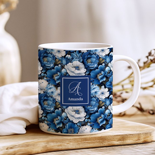 Modern Blue Flowers Personalised Floral Coffee Mug (Modern Blue Flowers Personalized Floral Coffee Mug)